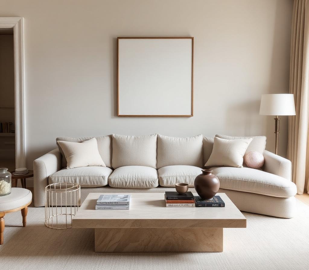 Styled living room with boucle sofa and travertine table